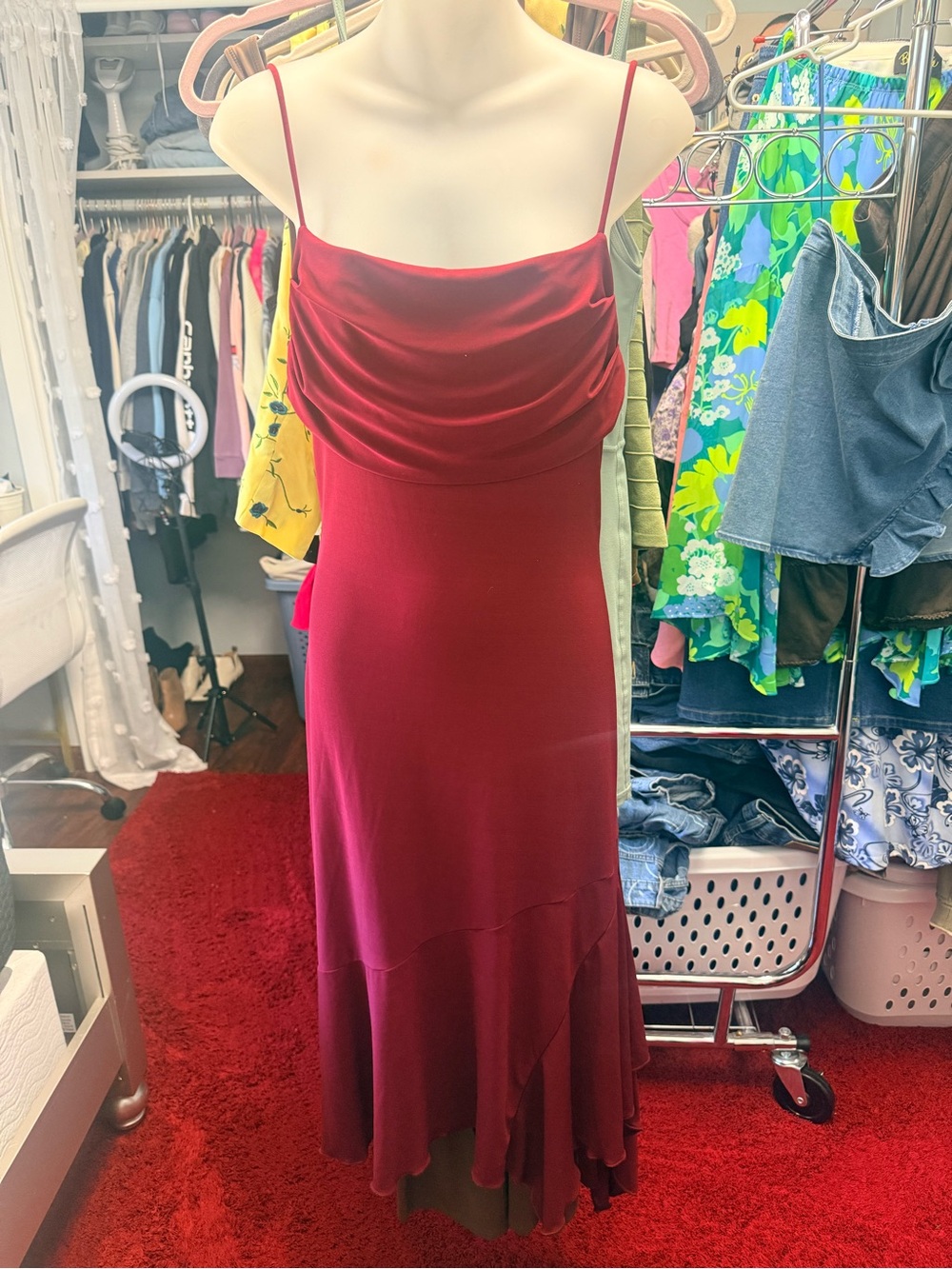 Y2K Elegant Red Cowl-Neck Slip Dress with Spaghetti Straps